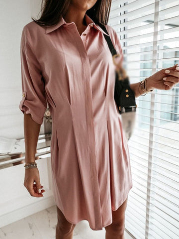 Woochic mi-longue blouse boutonnage fluide col chemise manches 3/4 femme élégant Rose poudré S